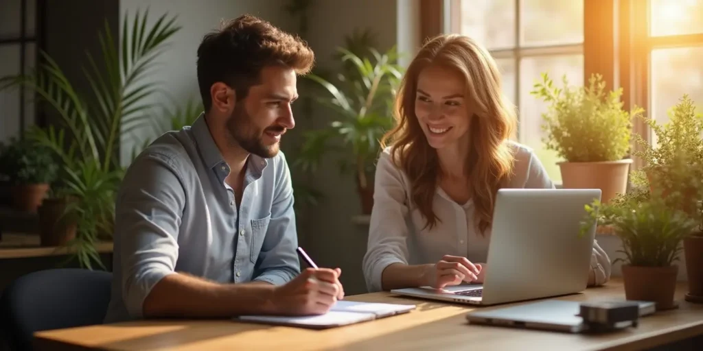 small business owner meeting with web designer at bright workspace — affordable web design services for small business