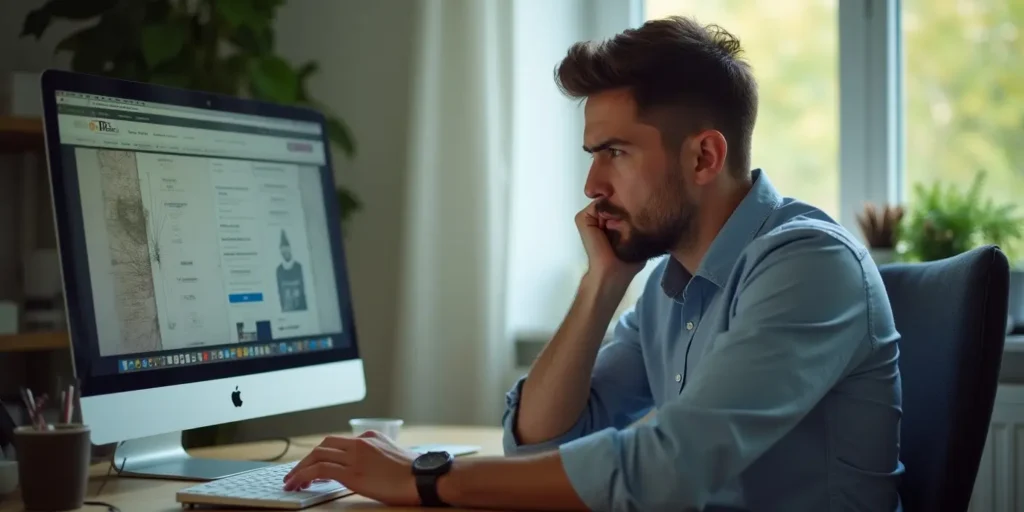 Frustrated small business owner looking at affordable web design services on a cluttered website screen
