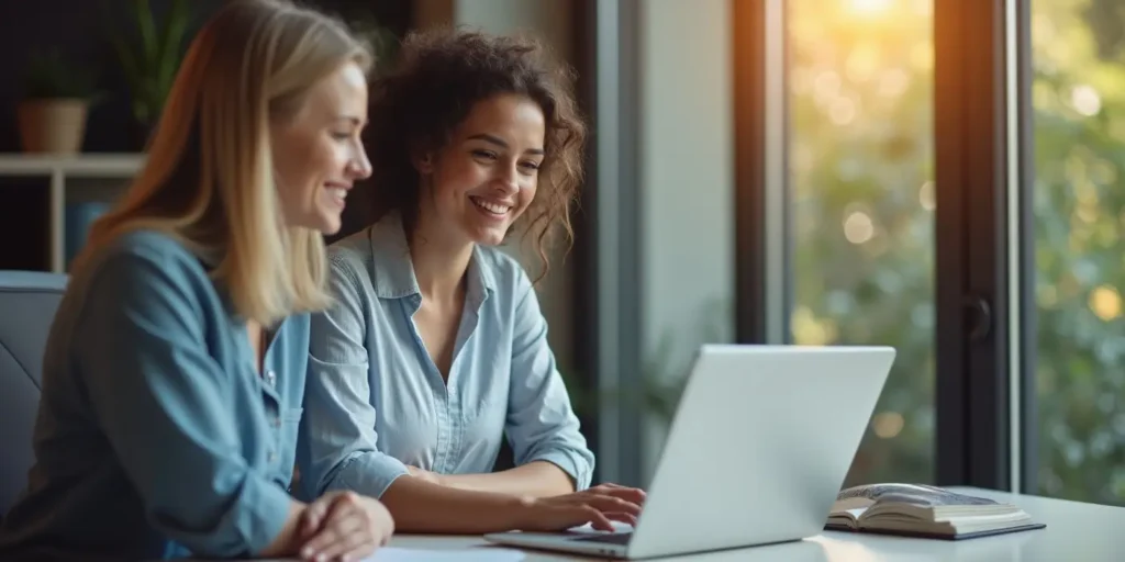 two female business owners smiling at laptop after seeing results from their affordable website