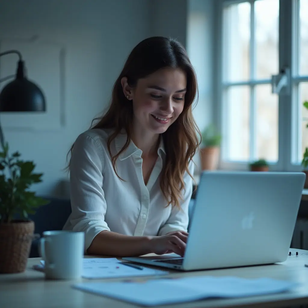 Female business owner smiling at laptop after deciding between freelancer and web design agency