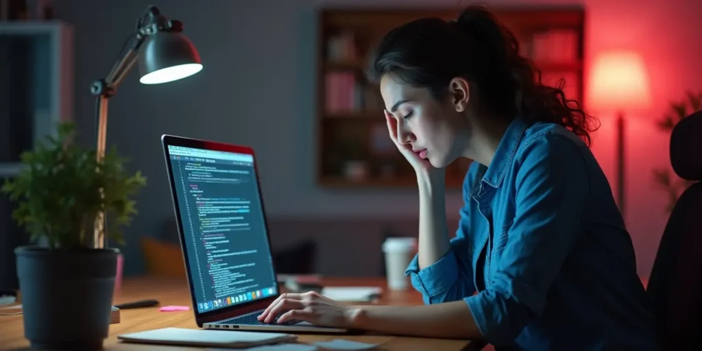 Frustrated small business owner struggling to build a professional website without tech skills Would you like me to generate this image now or search Freepik using top keywords?