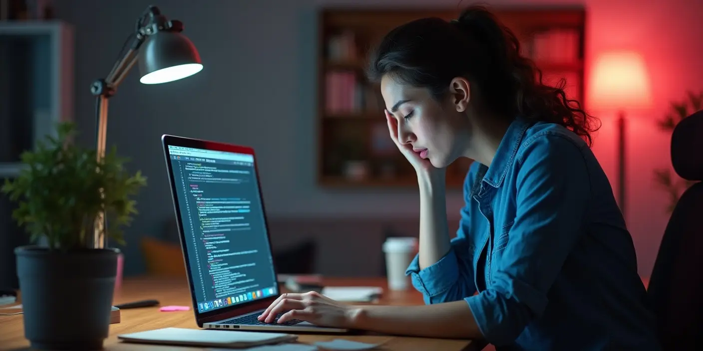 Frustrated small business owner struggling to build a professional website without tech skills Would you like me to generate this image now or search Freepik using top keywords?