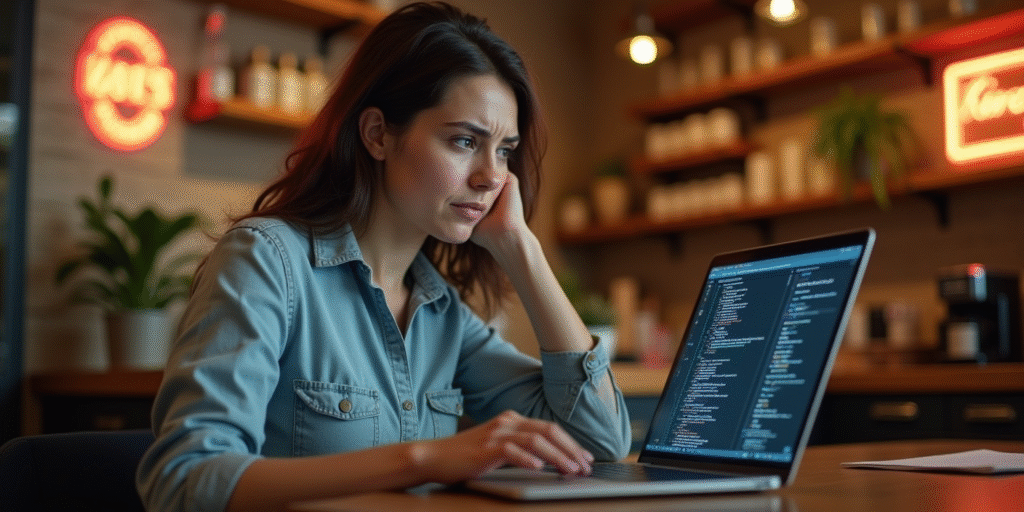 Confused small business owner inside her shop trying to build a professional website for small business without tech skills