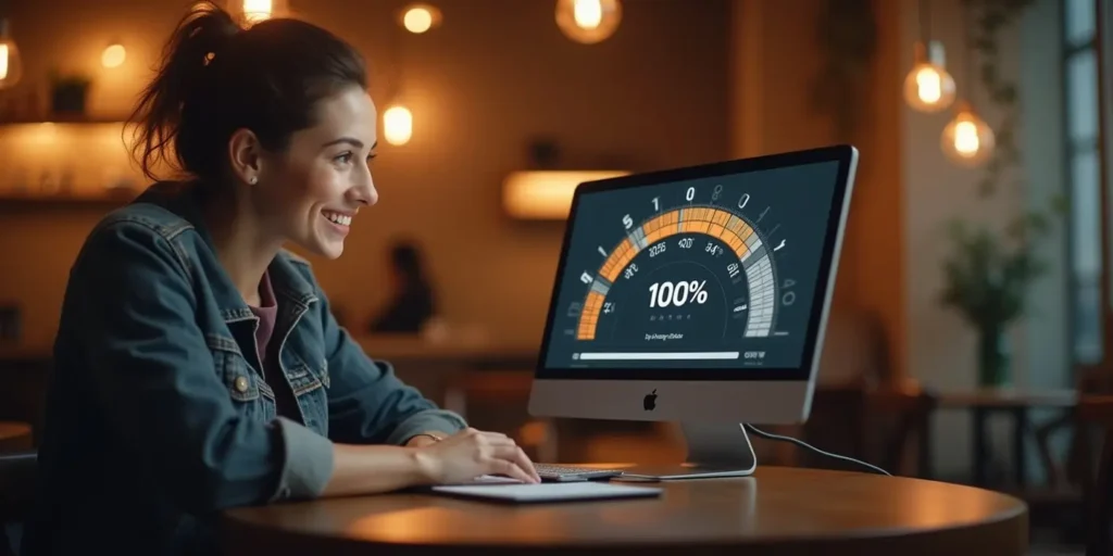 female business owner viewing fast website speed on laptop screen