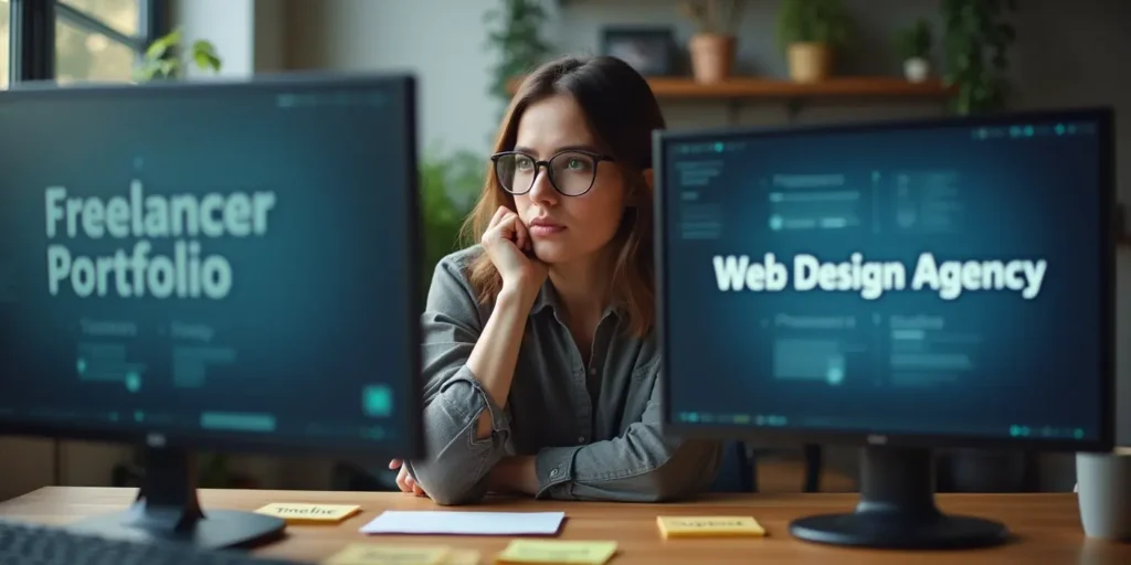 Female business owner deciding between freelancer portfolio and web design agency on screen