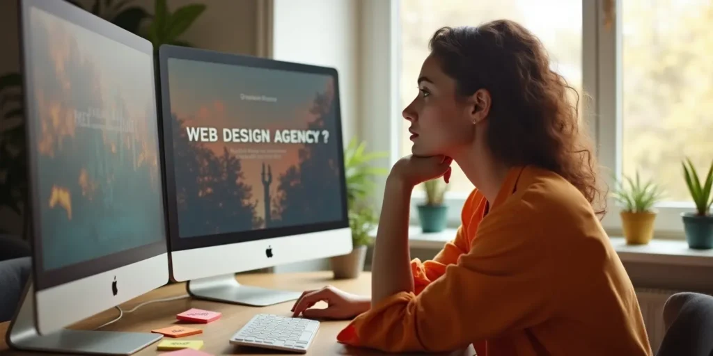 Female business owner thinking about hiring a freelancer or web design agency while viewing options on dual computer screens