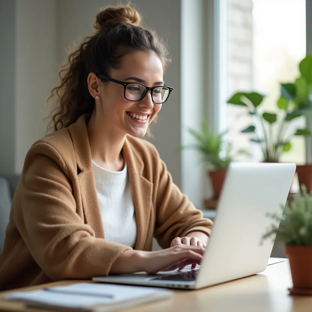 small business owner smiling while reviewing website on laptop in bright home office — final thoughts on choosing the right web designer
