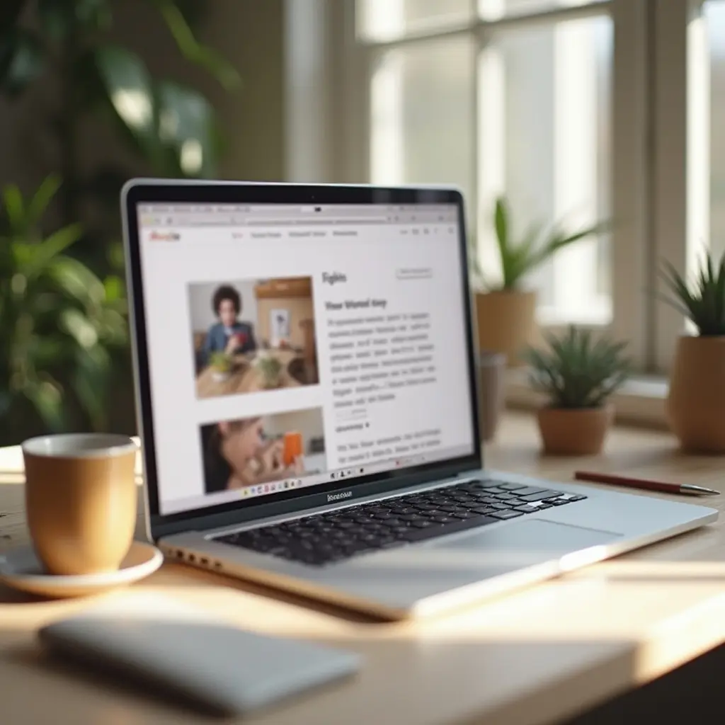 Laptop on a clean workspace displaying a blurred website layout, showing calm results from affordable web design services