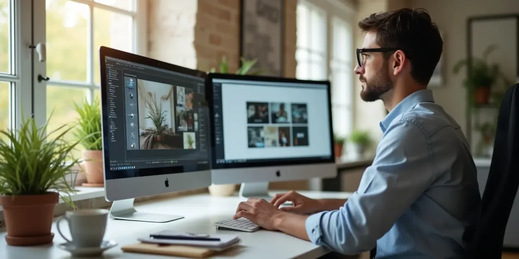 Web designer working with dual monitors on a website project in a modern office