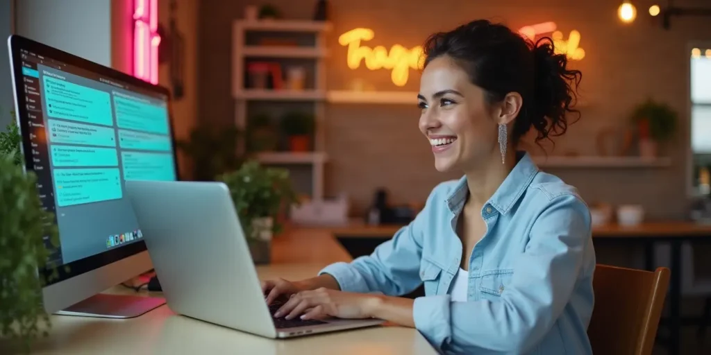 Happy female business owner smiling at her laptop while receiving multiple website leads in her shop