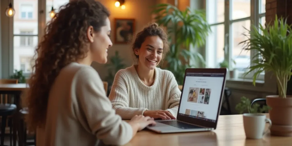 two women smiling while reviewing website design on laptop in a cozy workspace — how to choose the right web designer for small business