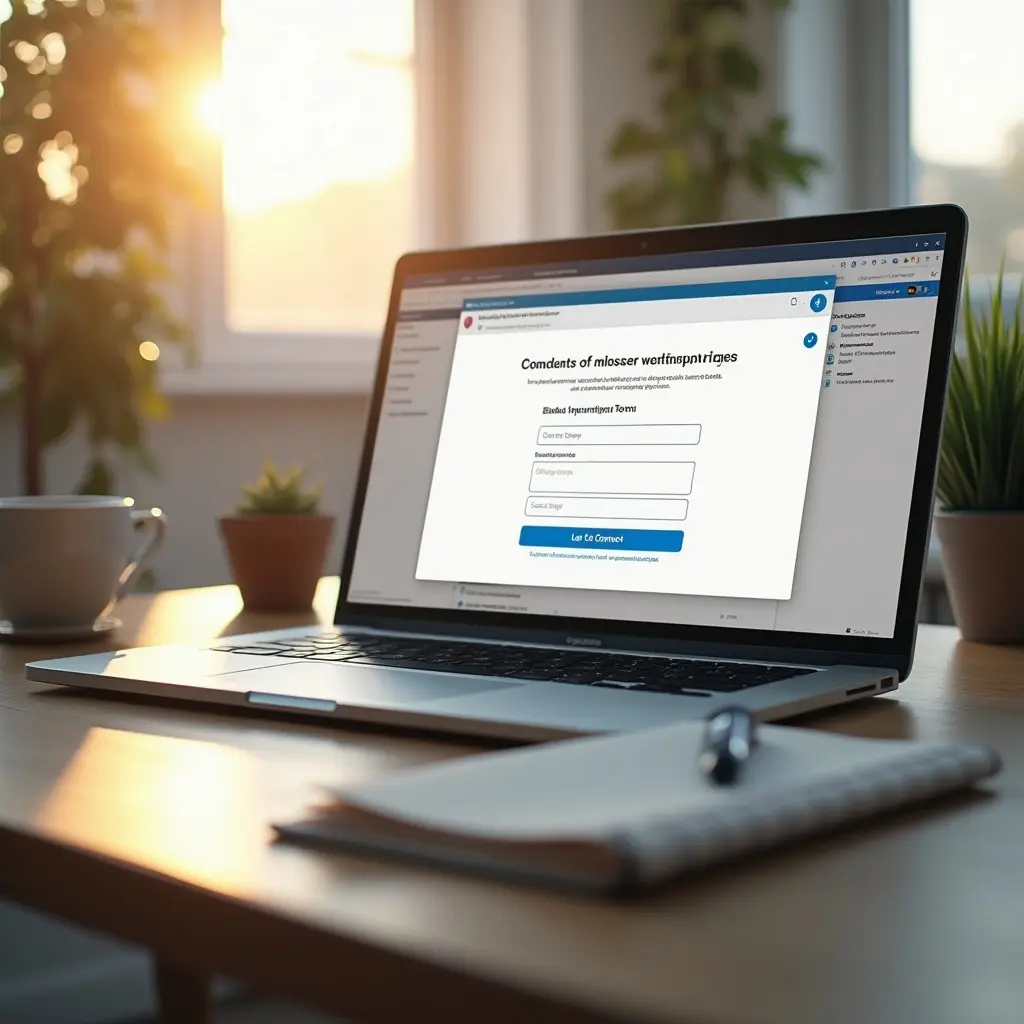 Landing page for inquiries open on laptop in morning light, showing contact form and call to action