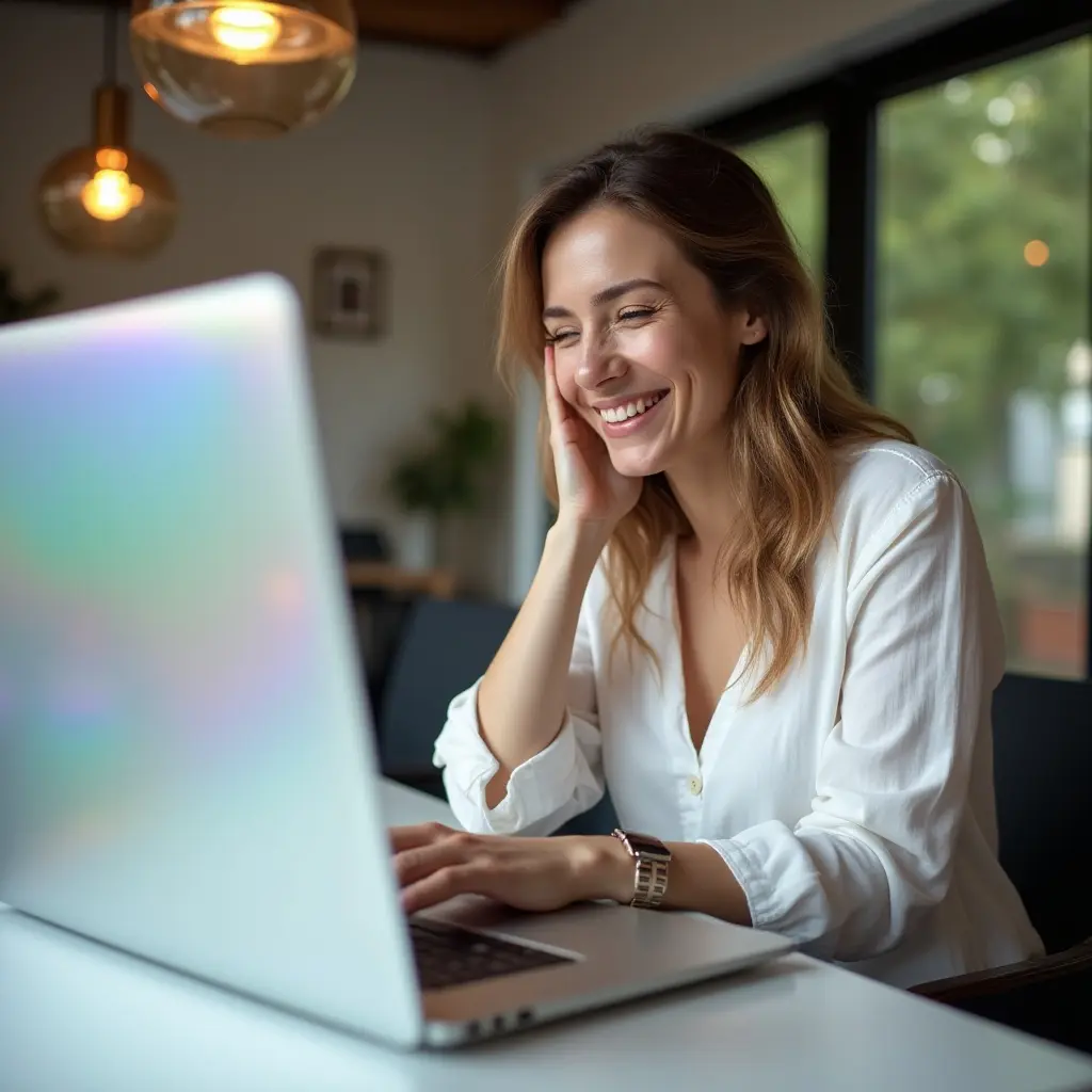 female business owner smiling at laptop after seeing leads from her lead generating website