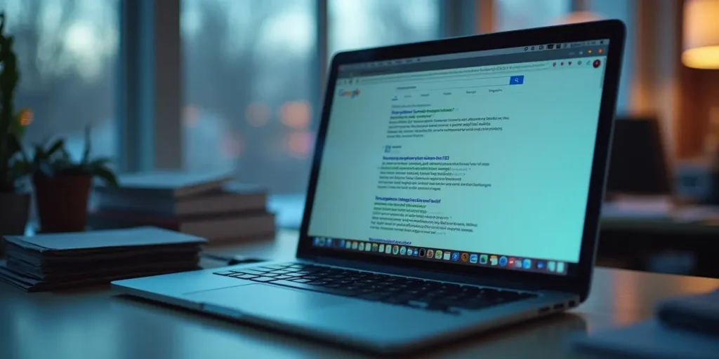 Laptop screen showing empty Google search bar, symbolizing website not appearing in search results