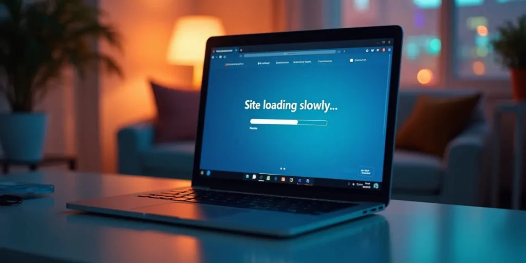 Close-up of a laptop screen showing a slow-loading website message with a progress bar and spinning icon, front-facing on a clean desk