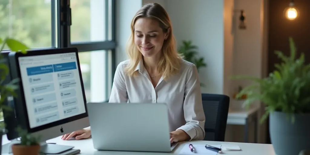 Female business owner smiling at her laptop after choosing between freelancer and web design agency