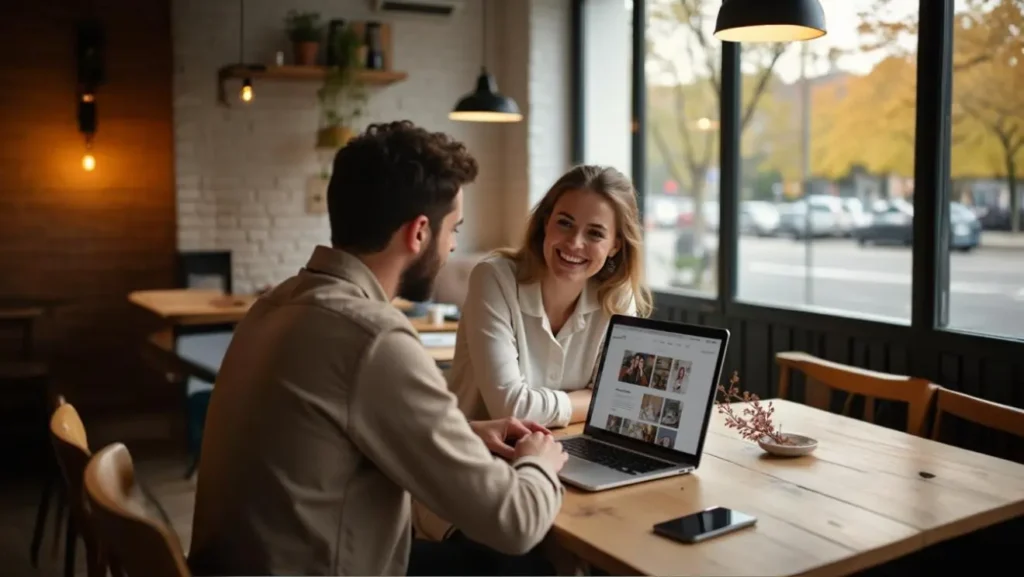Two small business owners discussing affordable web design options while reviewing a website on a laptop in a bright, modern café.