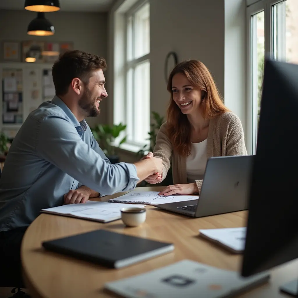 Business owner closing a deal after working with a web designer in a modern office