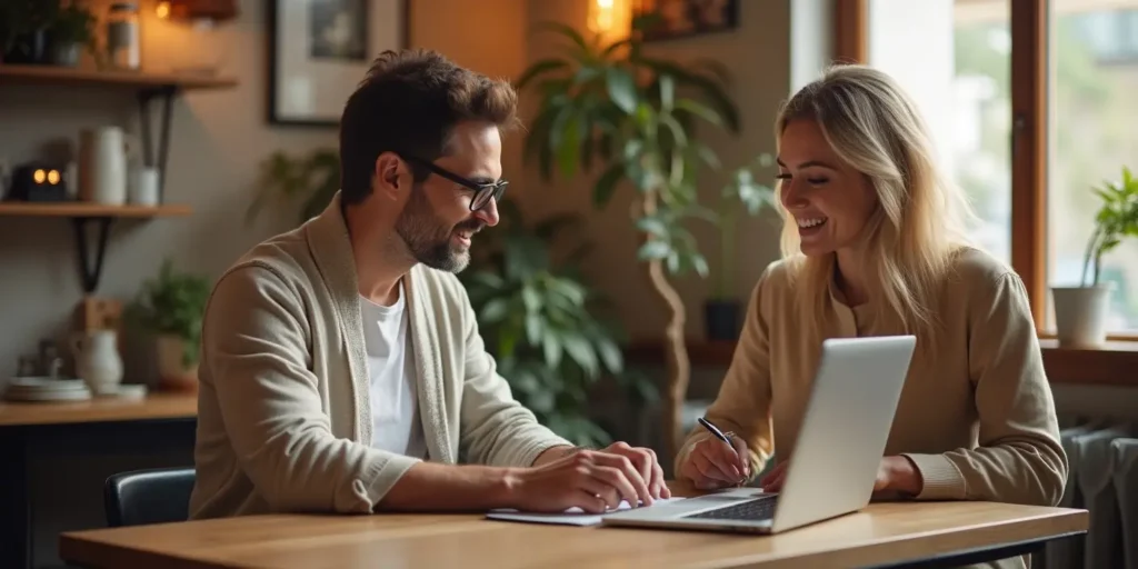 web designer and small business owner meeting over laptop in cozy workspace — discussing business goals and website strategy