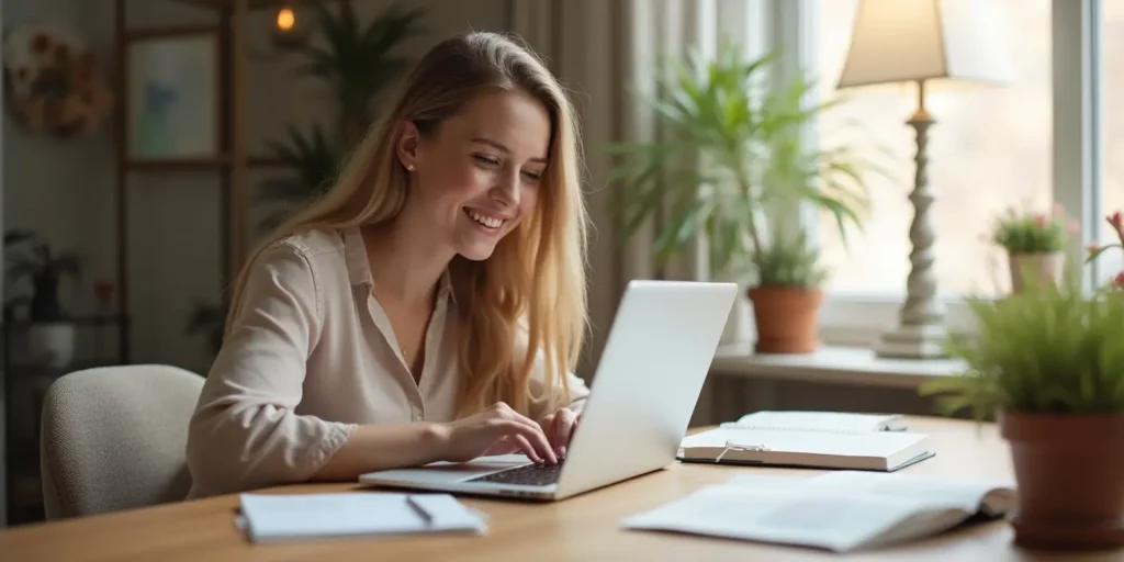 smiling small business owner working on website at cozy desk with natural light and indoor plants — web designer for small business