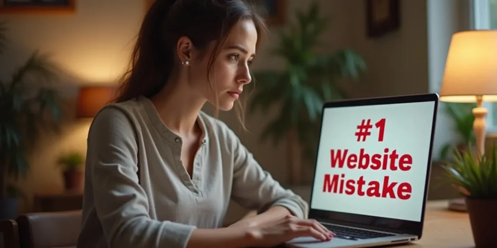 female business owner reading #1 website mistake for small business on laptop screen

