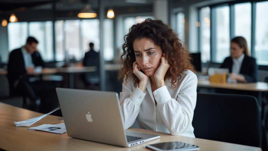 Worried woman looking at laptop screen with concern, next to text that says