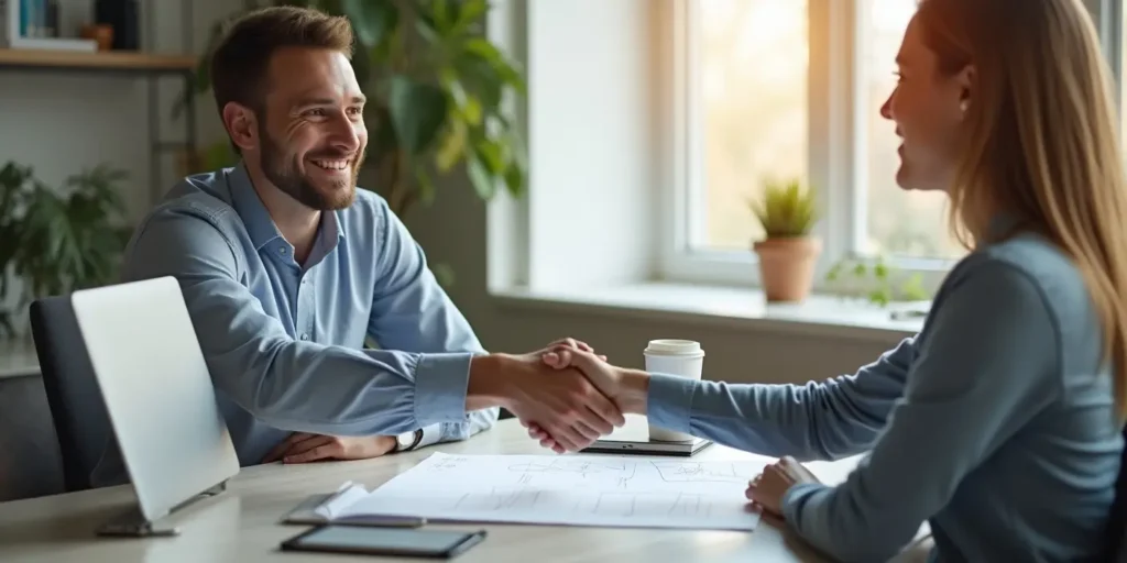 Business owner shaking hands with a web designer in a modern office showing trust and collaboration