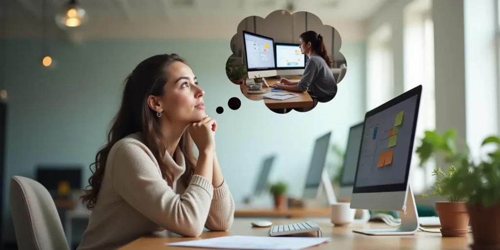 Thoughtful business owner thinking about working with a web designer in a realistic modern office