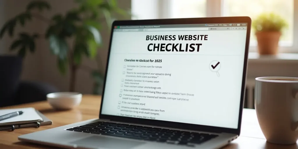 business website checklist displayed on laptop screen with cozy home office background