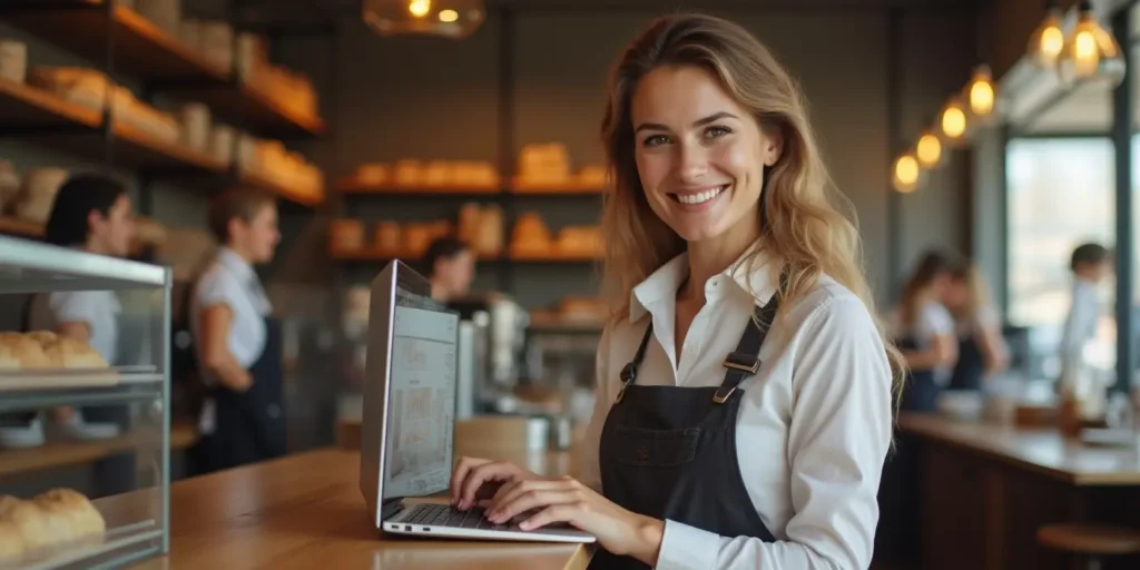 does my business need a website image of a smiling bakery owner standing at the counter with a laptop in a busy bakery shop with bread and staff in the background