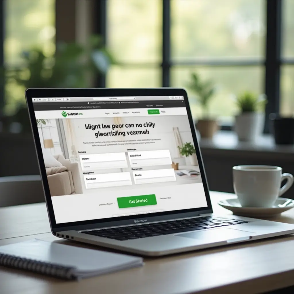 does my business need a website image showing a laptop with a professional small business website open to a clean call-to-action form and a green Get Started button