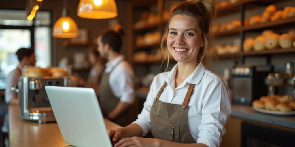 does my business need a website visual showing a smiling bakery owner in a busy shop using a laptop with bread and customers in the background