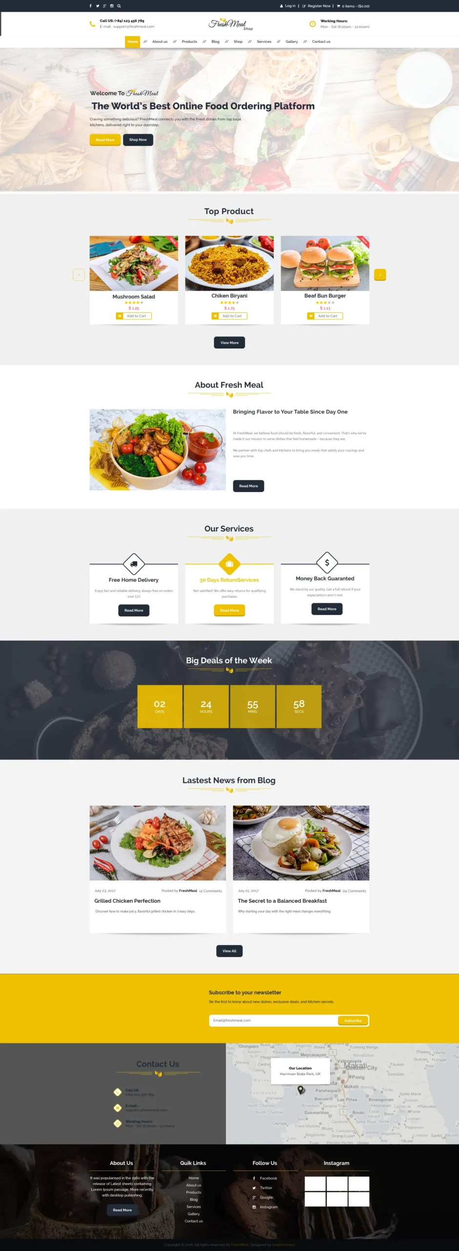 Full-page view of a responsive restaurant website for an online food ordering platform, featuring a hero banner with featured dishes, top product listings, about section, service highlights, weekly deals countdown, latest food blog posts, newsletter subscription, and contact details with location map.