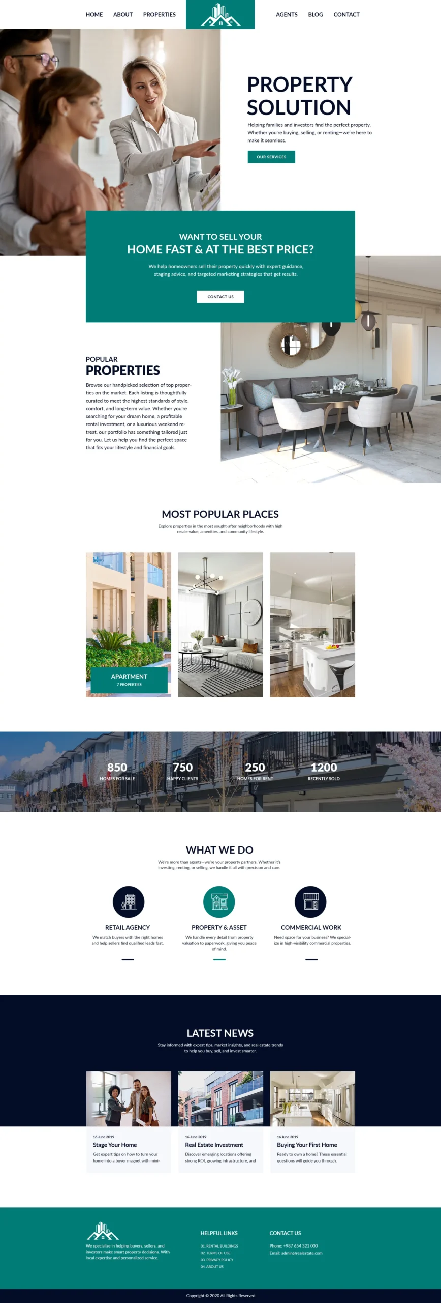Full homepage layout of a modern real estate website design for Property Solution, featuring property listings, services, and latest news sections.