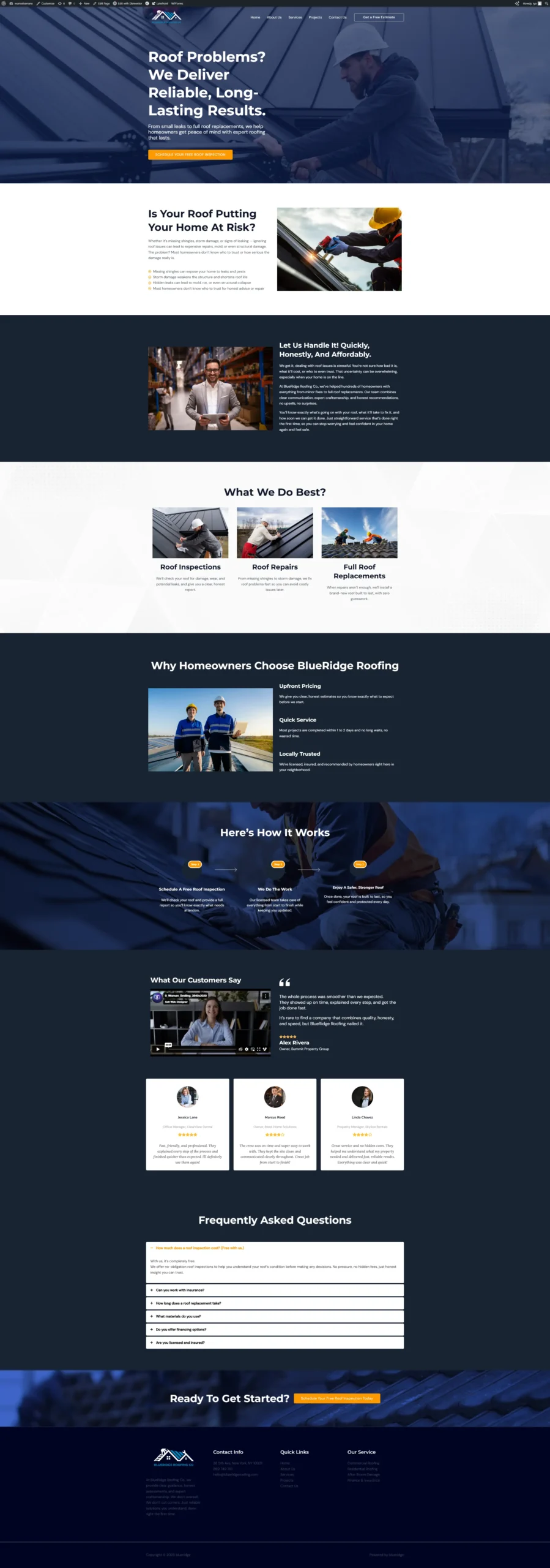 Full-page view of a professional roofing company website for BlueRidge Roofing. The design features a dark blue and white color scheme with bold headings and high-quality construction imagery. The hero section has the text "Roof Problems? We Deliver Reliable, Long-Lasting Results" alongside a call-to-action button for a free roof inspection. Below are sections for identifying roofing risks, company introduction, core services (Roof Inspections, Roof Repairs, Full Roof Replacements), reasons to choose the company, a step-by-step "How It Works" process, customer testimonials with video, an FAQ accordion, and a final call-to-action encouraging visitors to schedule a free inspection.