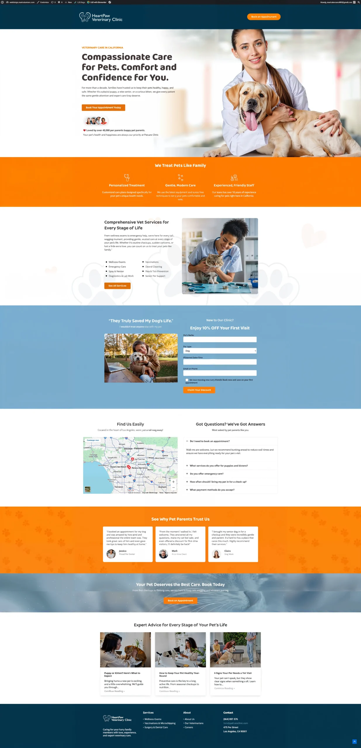 Full landing page design for HeartPaw Veterinary Clinic featuring responsive layout, pet care services, appointment booking form, testimonials, and blog section.