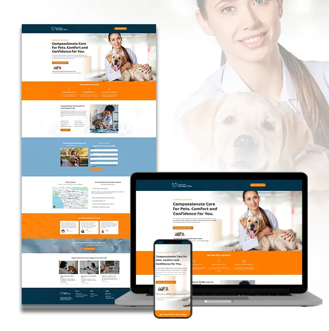 Premium veterinary clinic landing page displayed on desktop, tablet, and mobile devices, featuring a clean modern design with orange and blue accents, responsive layout, and clear call-to-action for booking appointments.