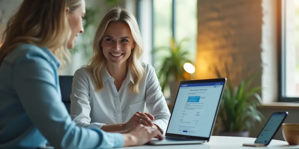 two female small business owners smiling while reviewing a professional website on a laptop in a bright modern office