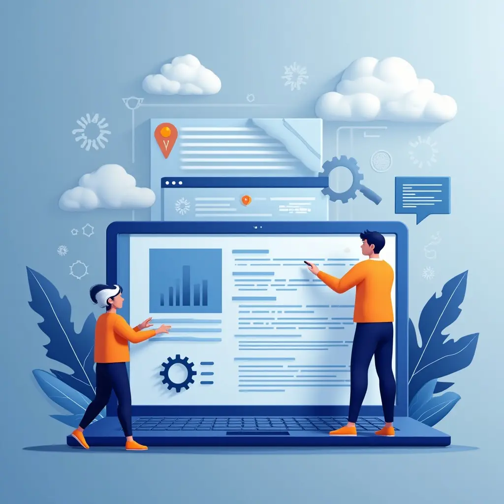 Illustration of two people working on website maintenance with a large laptop screen, gear icons, and cloud elements in a clean blue background