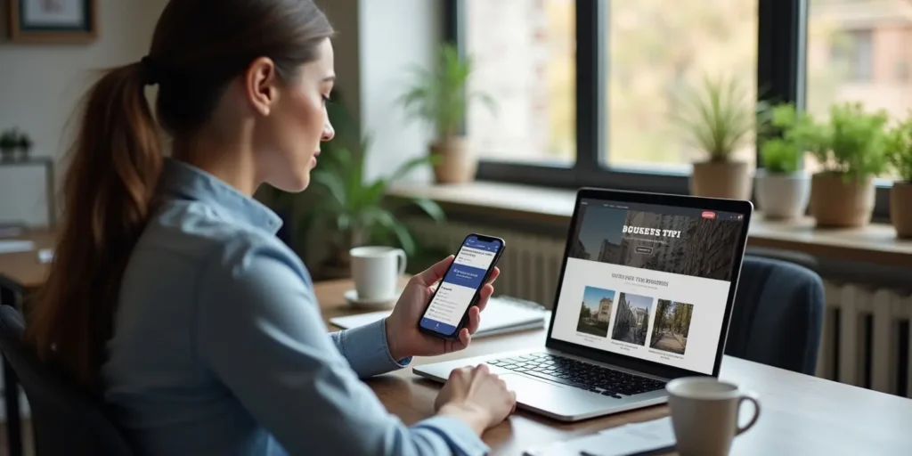 small business owner comparing website on laptop and Facebook page on phone to decide online strategy
