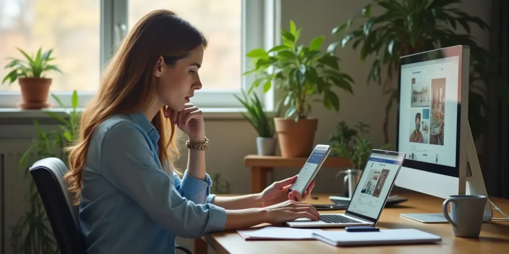female small business owner comparing website on computer and Facebook page on phone while working at modern office desk