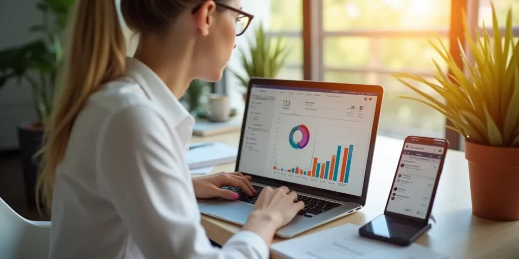 female digital marketer analyzing website SEO performance on laptop with Facebook page open on phone in bright modern office