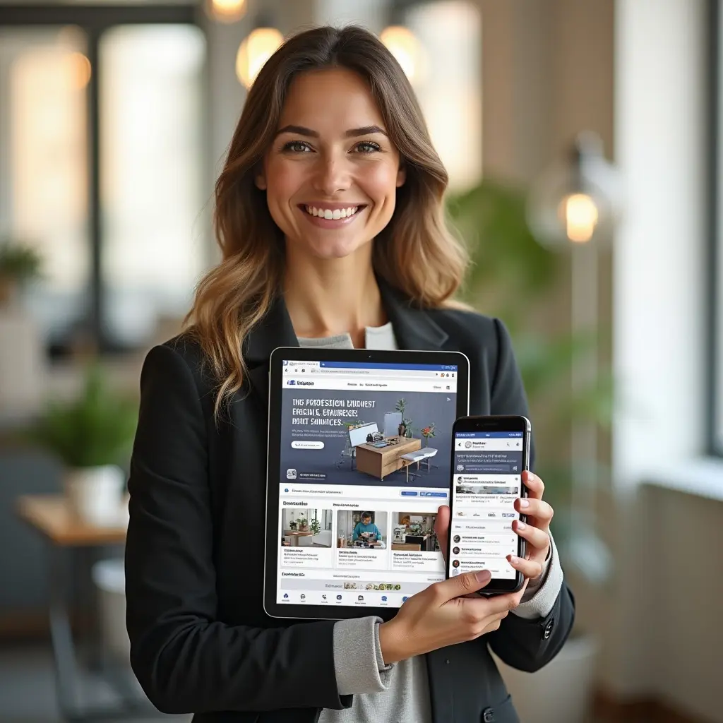 confident female small business owner holding tablet with website and phone with Facebook page in bright modern office