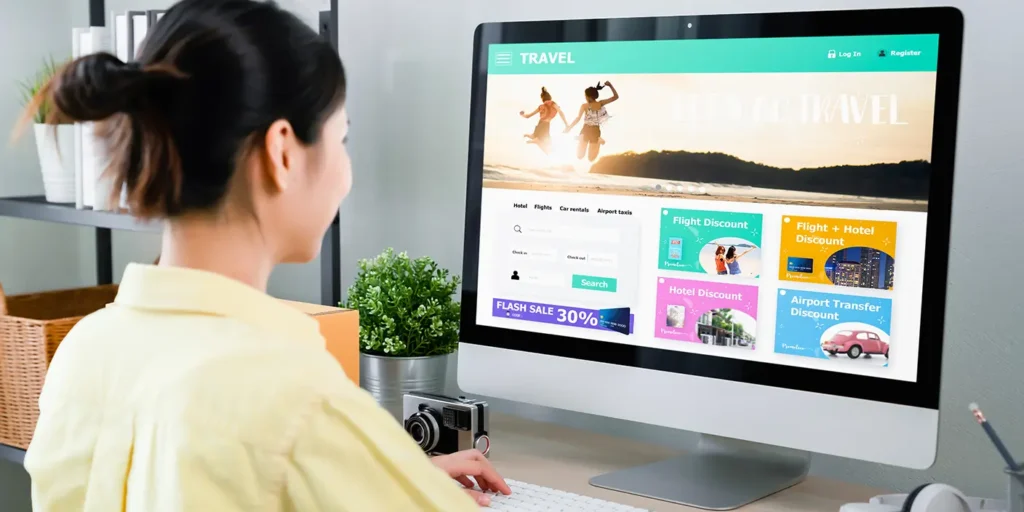 woman using desktop computer to browse a modern travel booking website with colorful discount offers and clear navigation interface