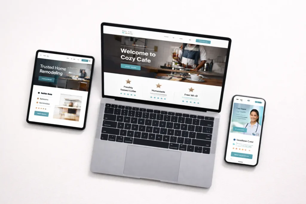 small business web templates flat-lay on laptop, tablet, and phone showing café, contractor, and clinic homepages with CTA and reviews