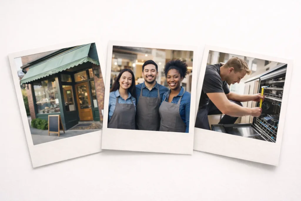 authentic collage for small business web templates showing storefront, team portrait, and service in action on a light background
