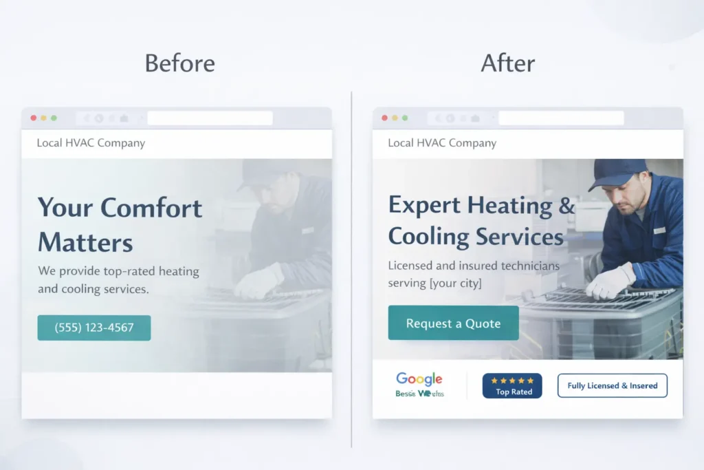 Before and after hero layout for an HVAC website showing clearer CTA and trust badges to illustrate web design cost small biz value