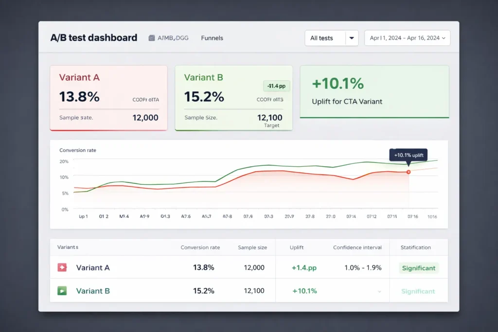 A/B test dashboard showing Variant A vs Variant B with +10.1% uplift for the CTA variant, including conversion cards, trend graph, and metrics table.
