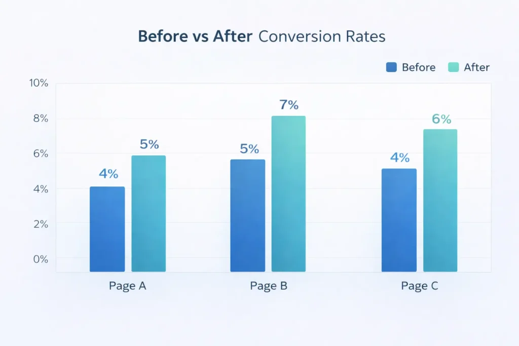 Why my website is not converting: before vs after conversion rates for three pages shown in a bar chart.