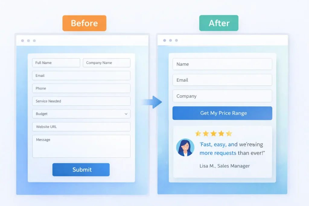 Why my website is not converting: long form vs simplified 4-field form with testimonial showing improved conversions.